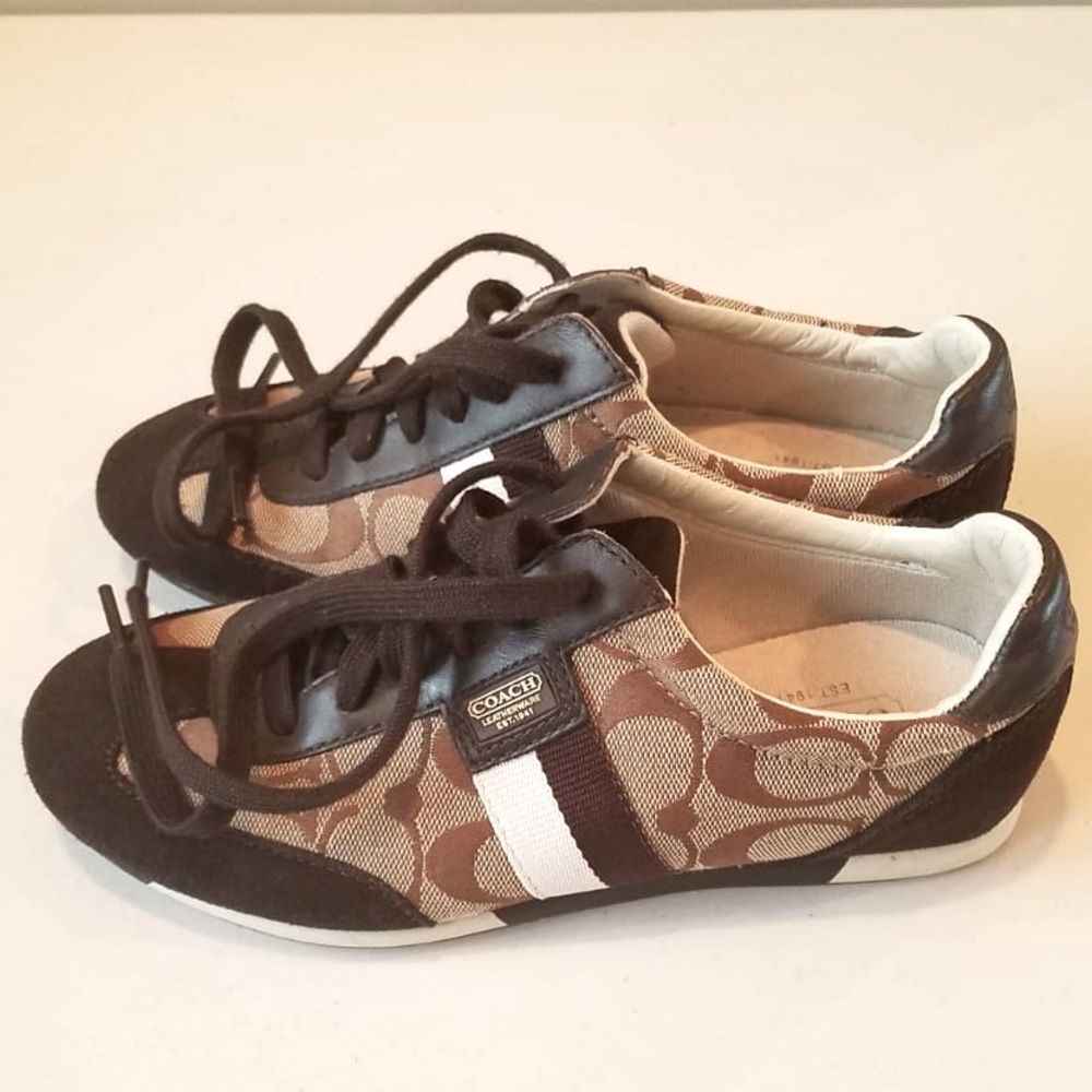 Brown and Cream Coach Sneakers, Size 5M